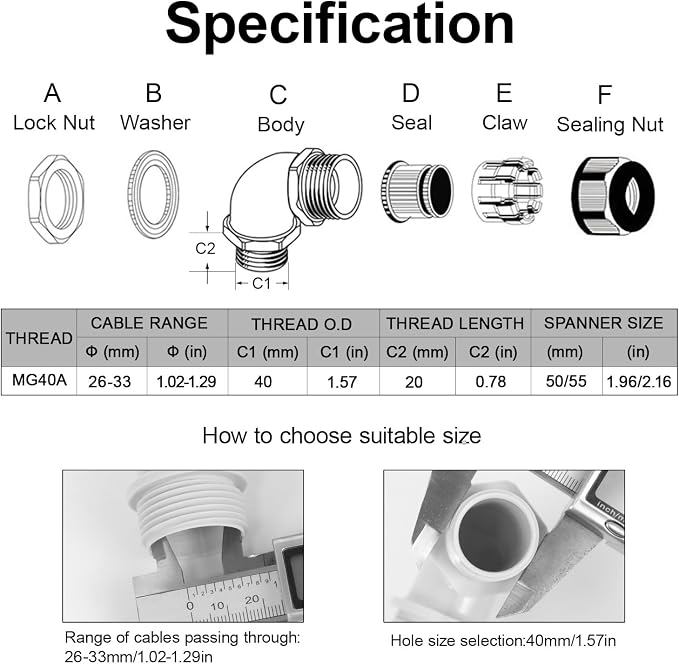M40 Cable Gland, 90 Degree Adjustable 26-33mm Cable Range Strain Relief - Image 2