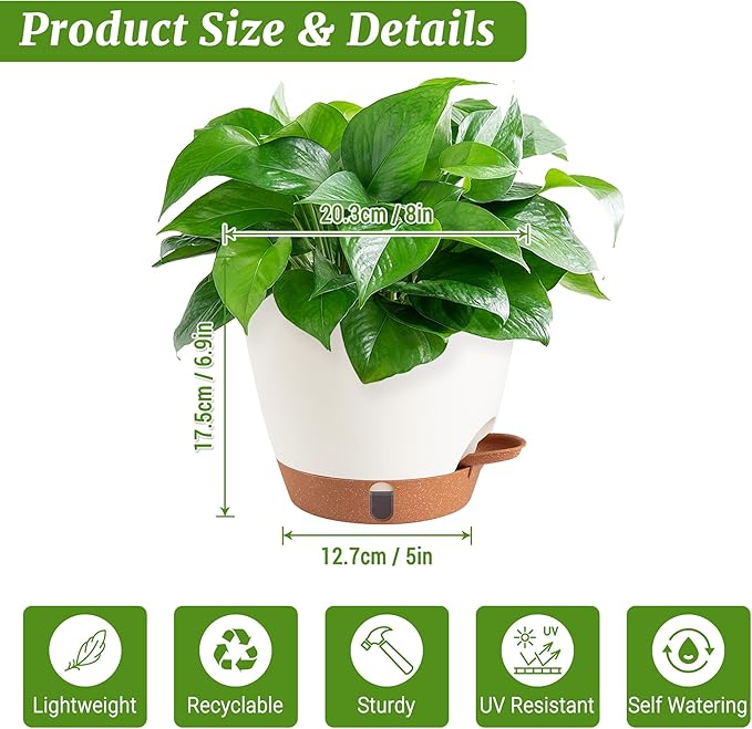 2 Pack 8 Inch Pots for Plants Indoor, Plastic Self Watering Planters | Drainage - Image 3
