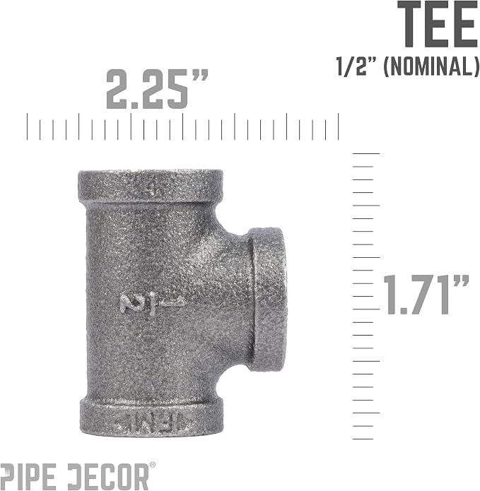 1/2" Tee Fitting, PIPE DECOR Black Malleable Iron Fittings Fit Standard 1/2 - Image 2
