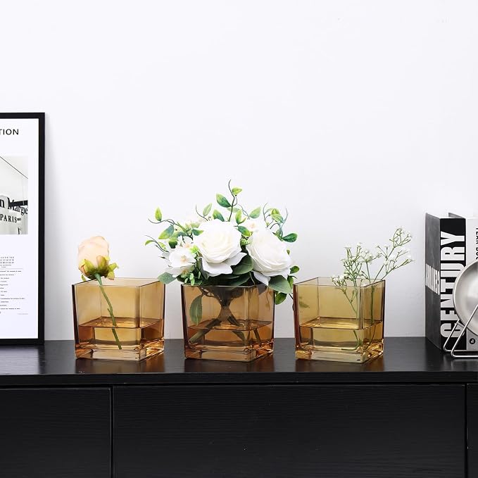 Square Amber Glass Vases Set of 6, Square Vase - Image 3