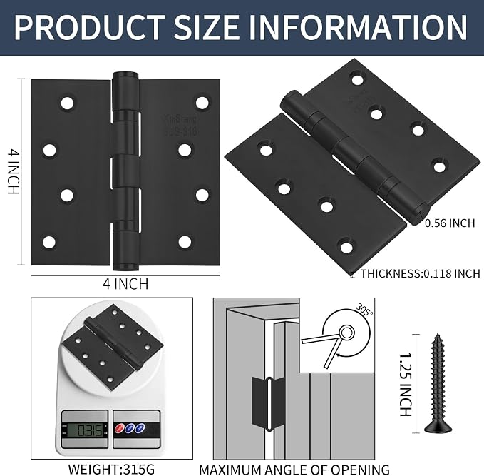 4" 316 Marine Grade Door Hinges XINSheng Heavy Duty Exterior 3 Pack | Ball - Image 3