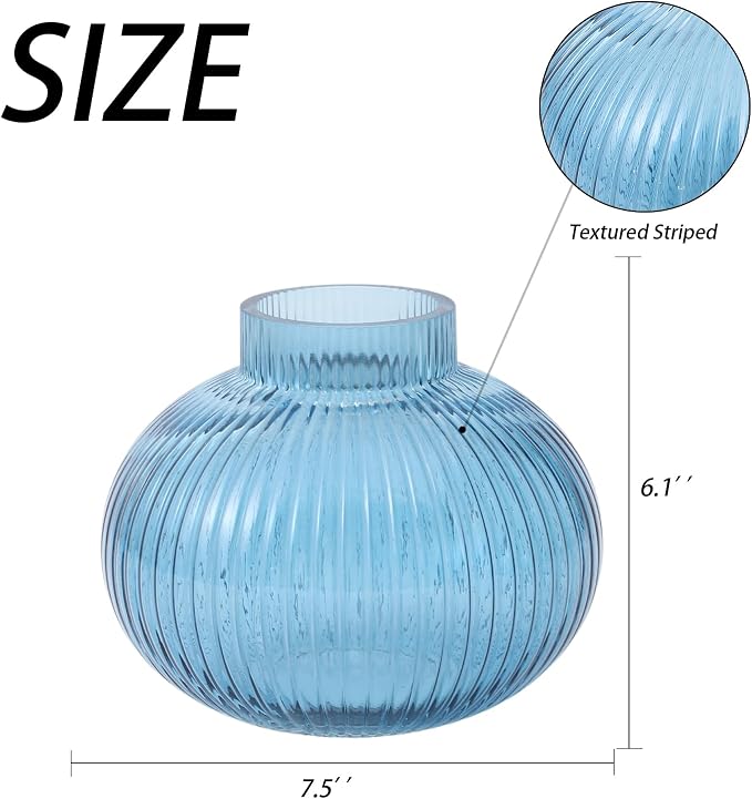 Blue Glass Vase for Tulips, Ribbed Glass Vase for Flowers, Round Flower Vases - Image 2