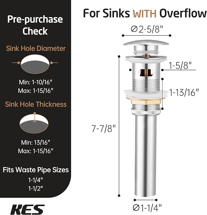KES Bathroom Sink Drain with Overflow Vessel Vanity Sink Pop Up Drain Stopper - Image 5