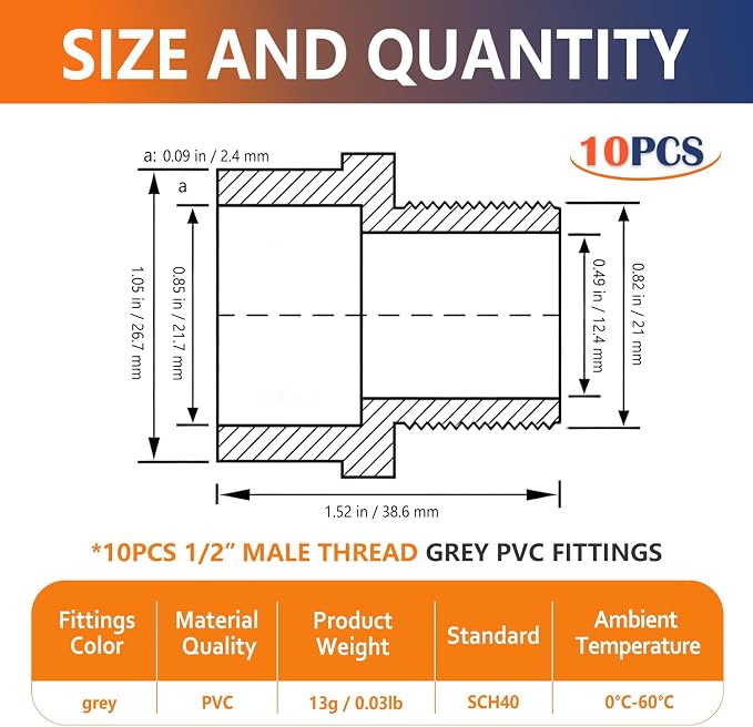 10PCS 1/2 Inch Male Thread Grey PVC Fittings 2-Way PVC Pipe Coupling - Image 2