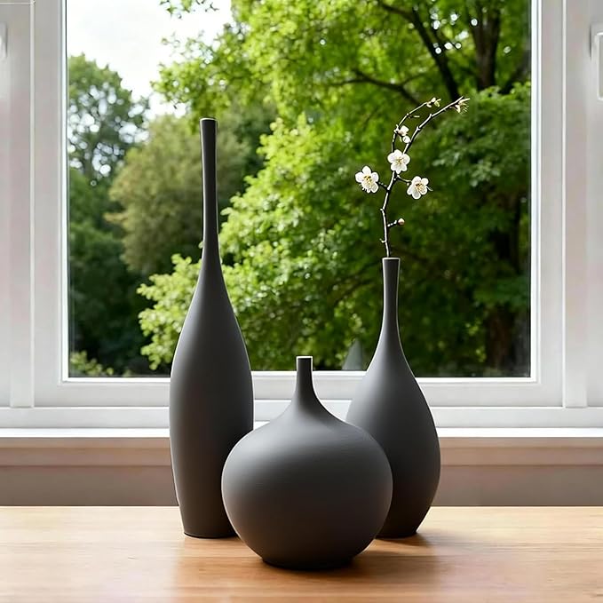 Relexome Black Ceramic Vase Modern Boho Wabi-Sabi Flower Vase Set of 3 - Image 3