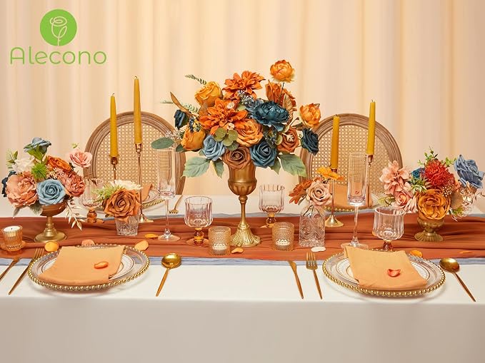 Alecono Orange and Teal Artificial Flowers, Silk Fake Floral Set | - Image 3