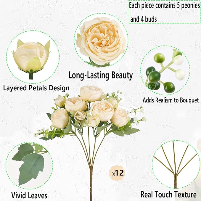 Peonies Artificial Flowers 12 Bundles Pink Flowers Bouquet, Lifelike Silk Fake - Image 6