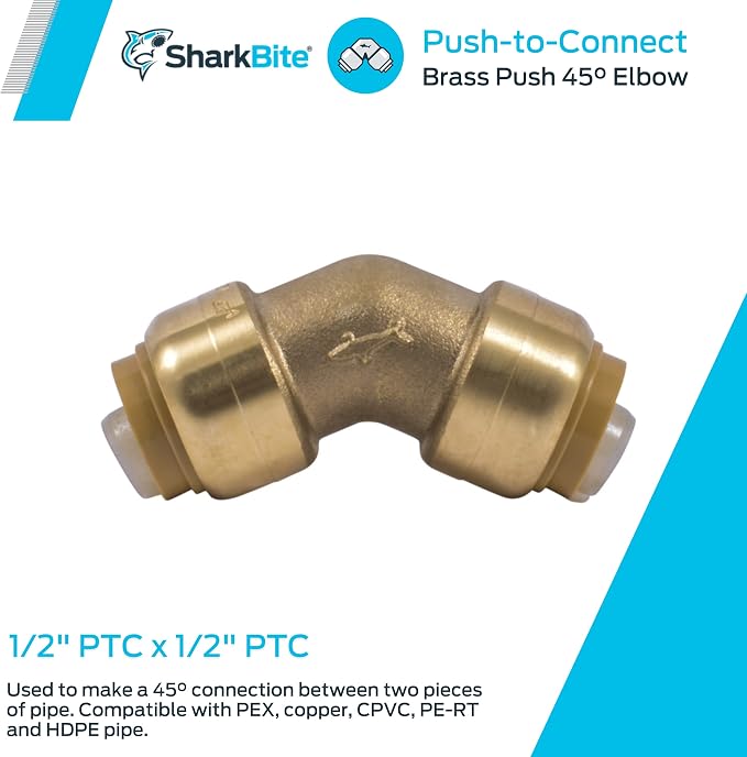 SharkBite 1/2 Inch 45 Degree Elbow, Push to Connect Brass Fitting, PEX Pipe - Image 2