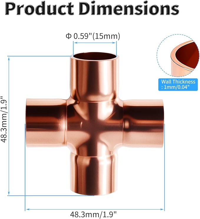 Union Cross Copper Fitting, 0.59 In, ID 15 mm, Wall 1 mm | Cupreous 4 Way Cross - Image 2