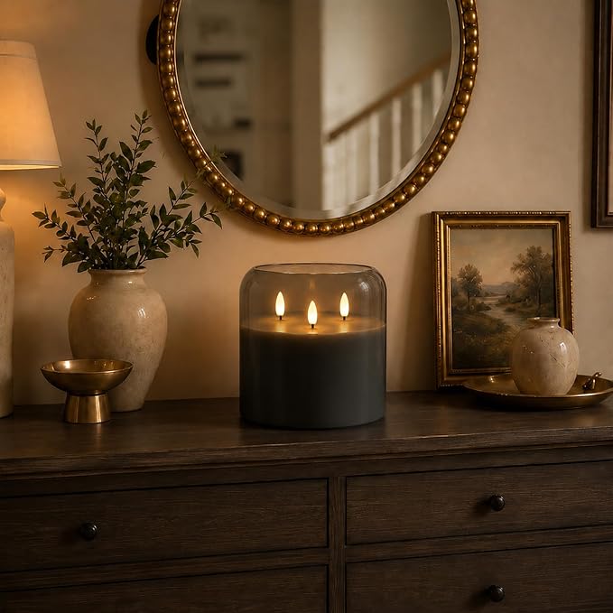 Homemory Grey Large Glass Flameless LED Candle, 3 Wicks, Remote Timer | 6"x6" - Image 5