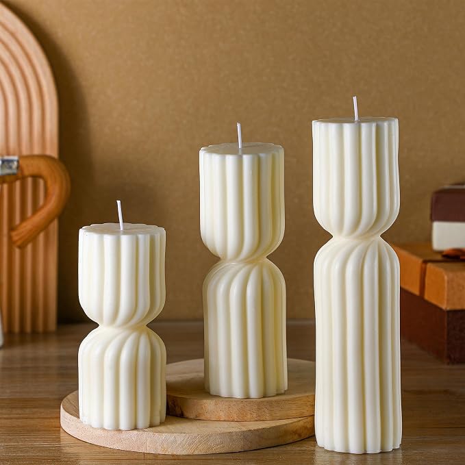 Conelist Ribbed Pillar Candles Set of 3 Width 2.4" High 5.5" 7" 9" Handmade - Image 5