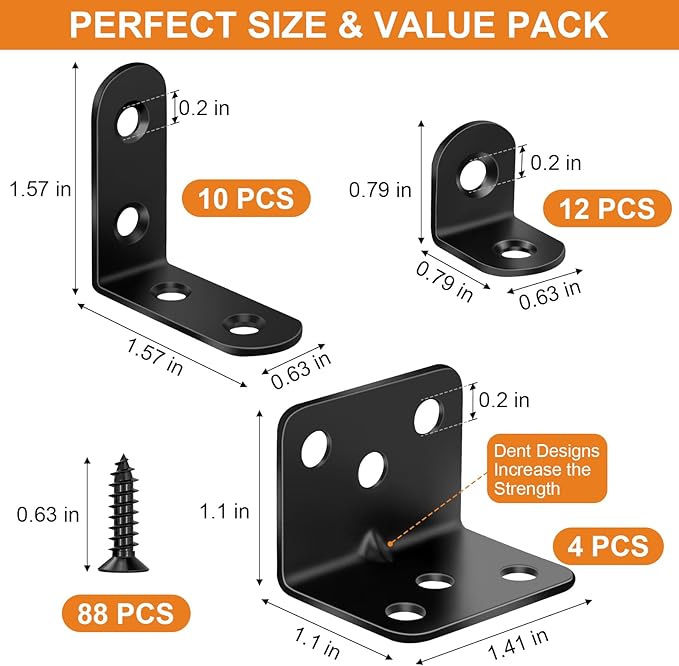 26 Pack L Bracket Corner Brace Kit, 3 Sizes Stainless Steel Corner Bracket | 90 - Image 2