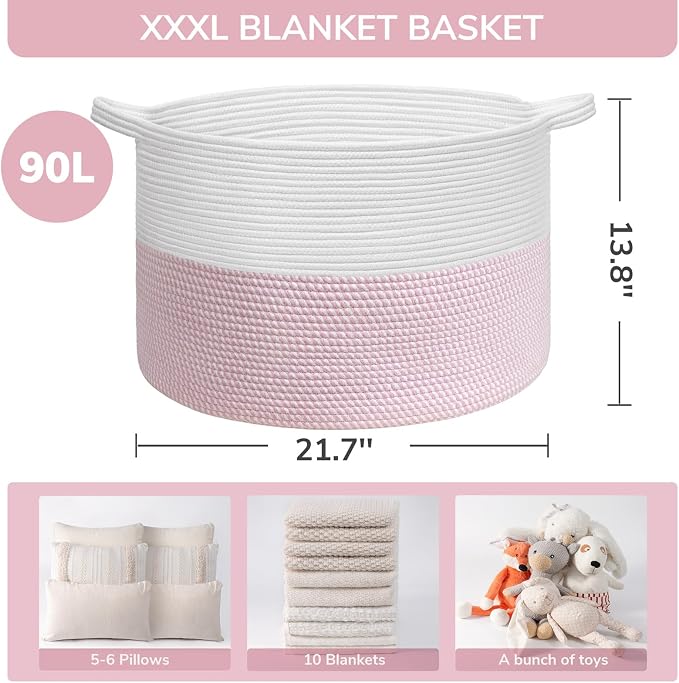INDRESSME XXXLarge Woven Rope Blanket Basket Living Room Pink, 90L | Pink room - Image 3