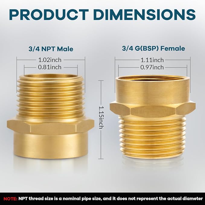 2 Pack 3/4" G Female Thread to US 3/4" NPT Male Thread Pipe Fitting, Brass Pipe - Image 2