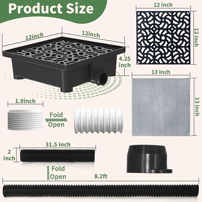 12x12in Gutter Downspout Extensions Big Kit | Catch Basin+2pcs Pipes, Low - Image 7