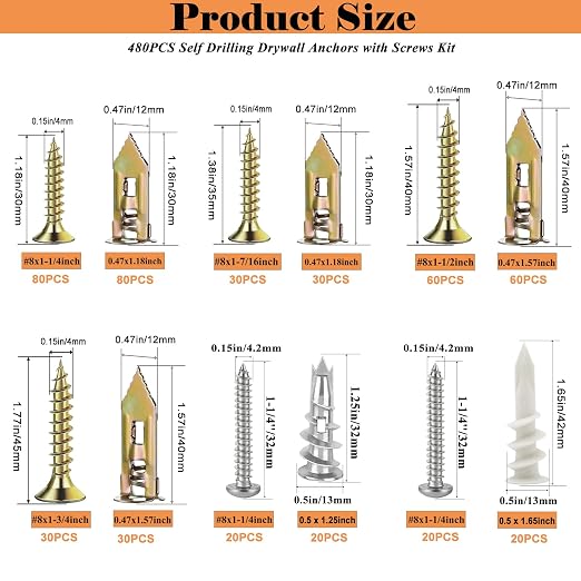 480 PCS Self Drilling Drywall Anchors Kit - Image 2