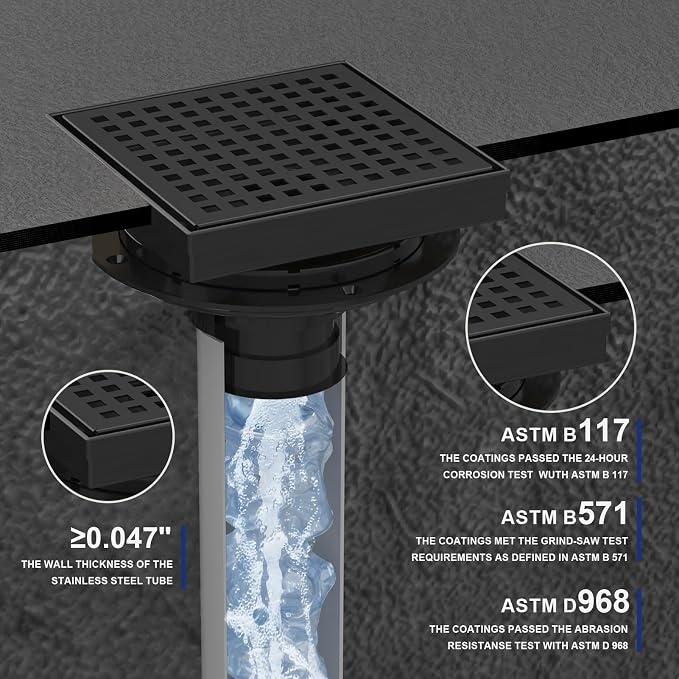 6 Inch Matte Black Square Shower Drain - Image 4