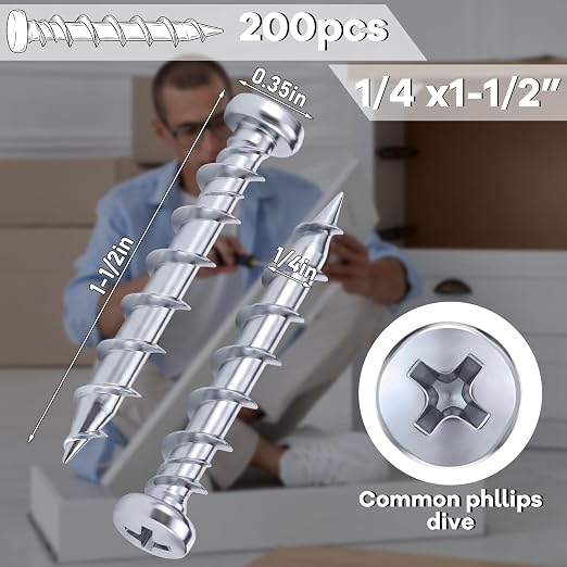 Blulu 200 Pcs Drywall Anchors 1/4 x 1-1/2 Inch Pan Head Alloy Steel Light Wall - Image 2