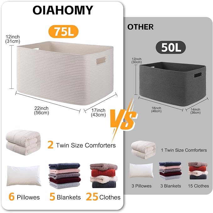 OIAHOMY 75L Large Blanket Basket, Woven Cotton Rope Baskets - Image 3