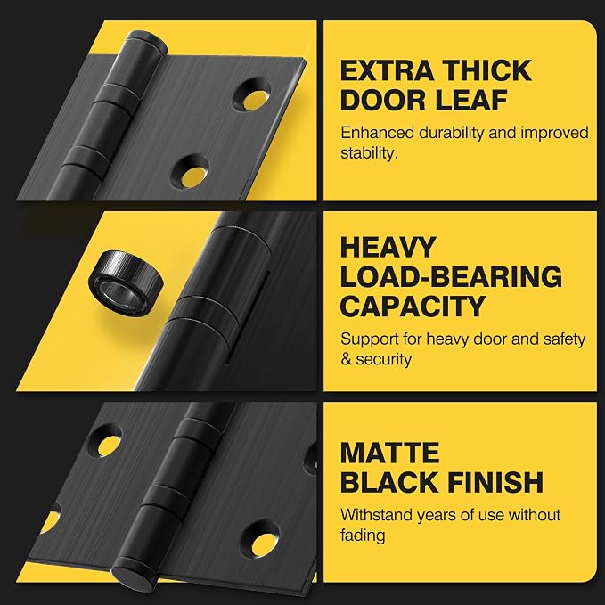 KOLET Ball Bearing Door Hinges, 4 x 4 Inches, Matte Black, 3 Pack | Square - Image 5