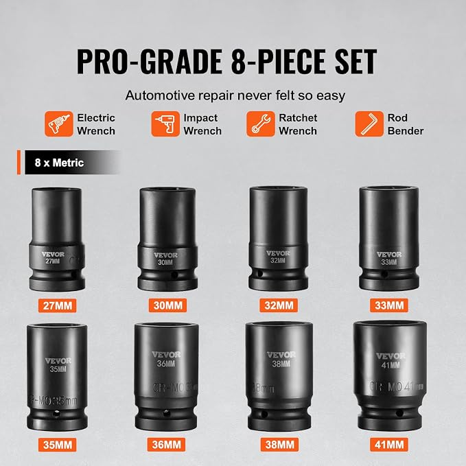 VEVOR 1" Drive Impact Socket Set, 8 Piece Deep Socket Set Metric 27-41mm - Image 3