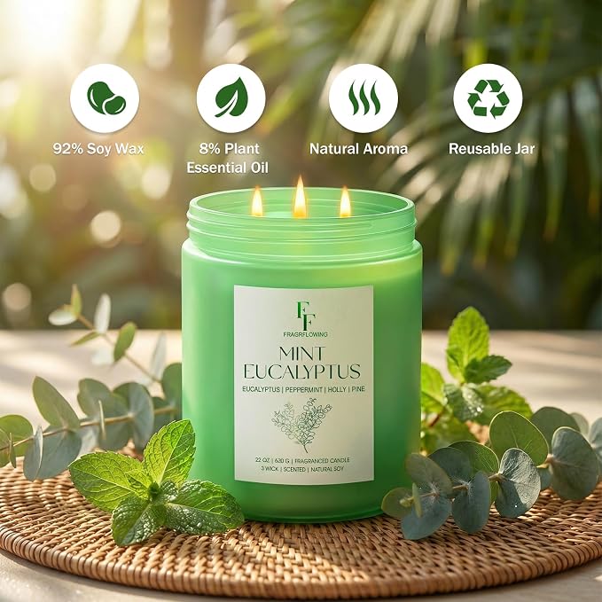 Mint Eucalyptus Large Scented Candle, 3-Wick 22oz Long Lasting Scented Candle - Image 2