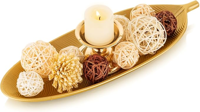 Hanobe Decorative Trays for Home Decor, Leaf Shaped Wood Key Bowl | 16" Gold by Hanobe