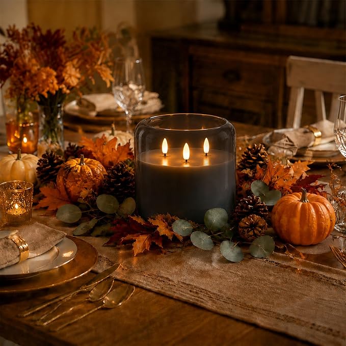 Homemory Grey Large Glass Flameless LED Candle, 3 Wicks, Remote Timer | 6"x6" - Image 2