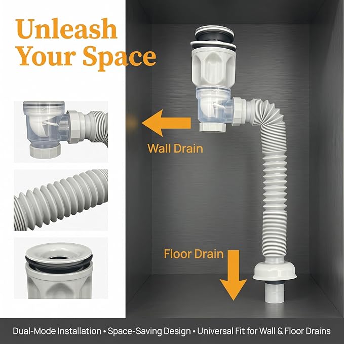 Bathroom Sink Drain Pipe with Flexible Corrugated Extension Tube, Flip-Top Seal - Image 4