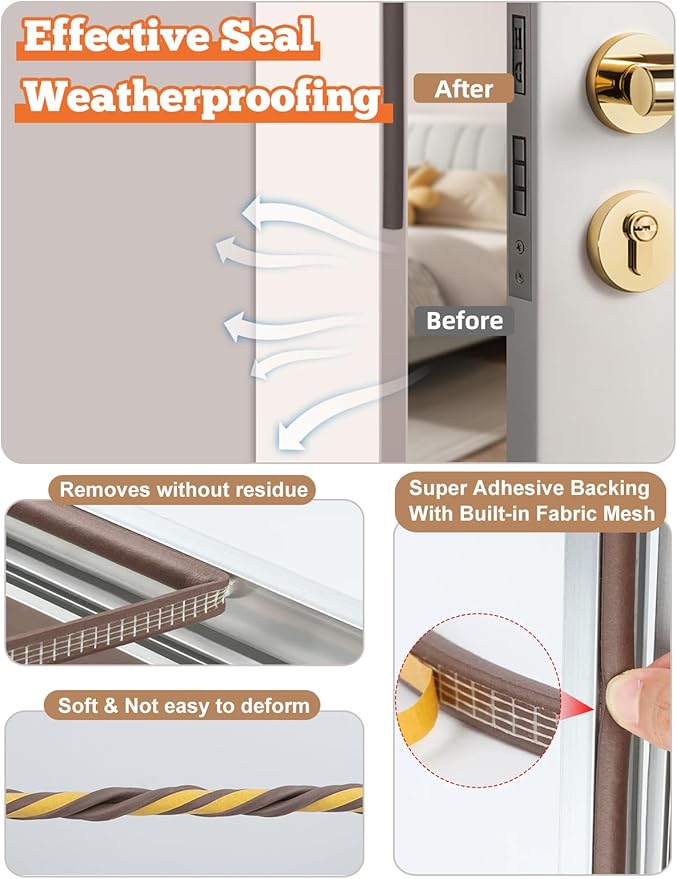 32.8 Ft Weather Stripping Door Seal Strip, Self Adhesive Door Soundproofing D - Image 4