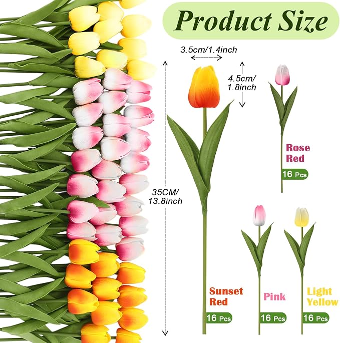 Janinka 64pcs Artificial Tulip Flowers Fake PU Tulips Faux Latex Bouquet Flower - Image 2