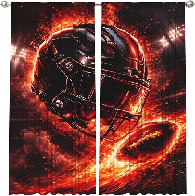 Football Helmet Fire Window Curtains 2 Panels Set, 52 X 84 Inch Polyester Drapes - Image 2
