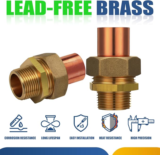 2 Pack 3/4" C x MIP LF Brass Pipe Copper Union Sweat to Male | - Image 3