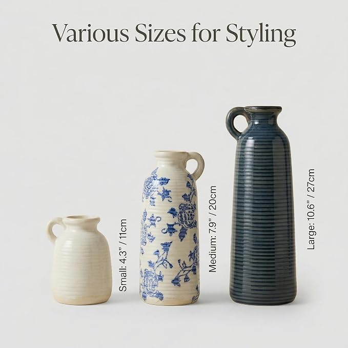 Ceramic Vase Set of 3 with Handles, Versatile as Table Centerpiece or Mantel & - Image 5