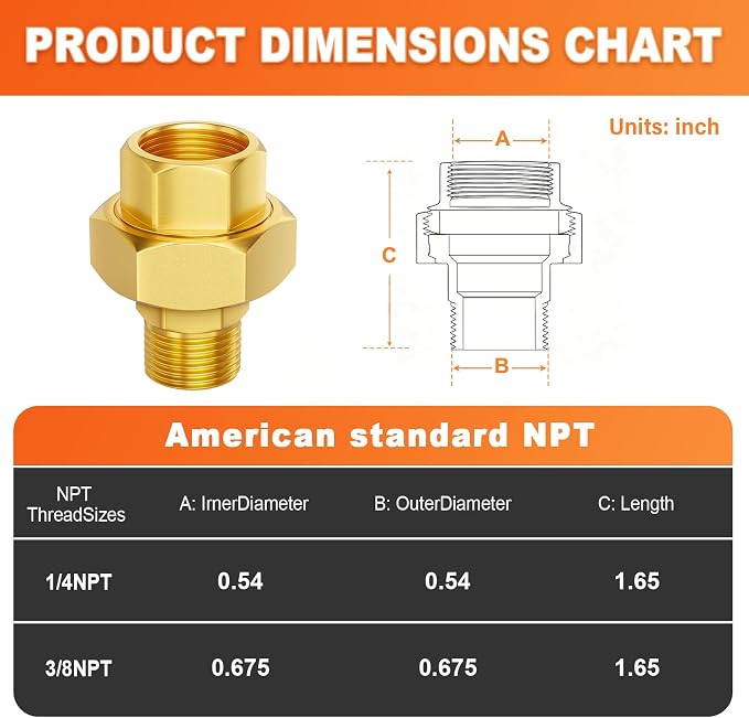 GASHER 2PCS 1/4" NPT Brass Union Pipe Fitting | 1/4 Inch Male x 1/4 Inch Female - Image 3