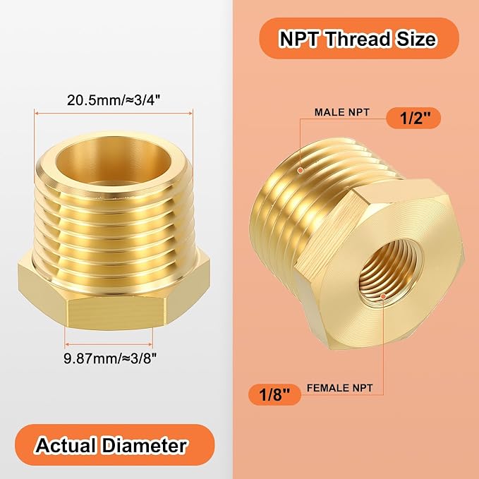 4 Pack Male to FeMale Adapters, 1/2" MNPT x 1/8" FNPT Threaded Brass Hex - Image 2