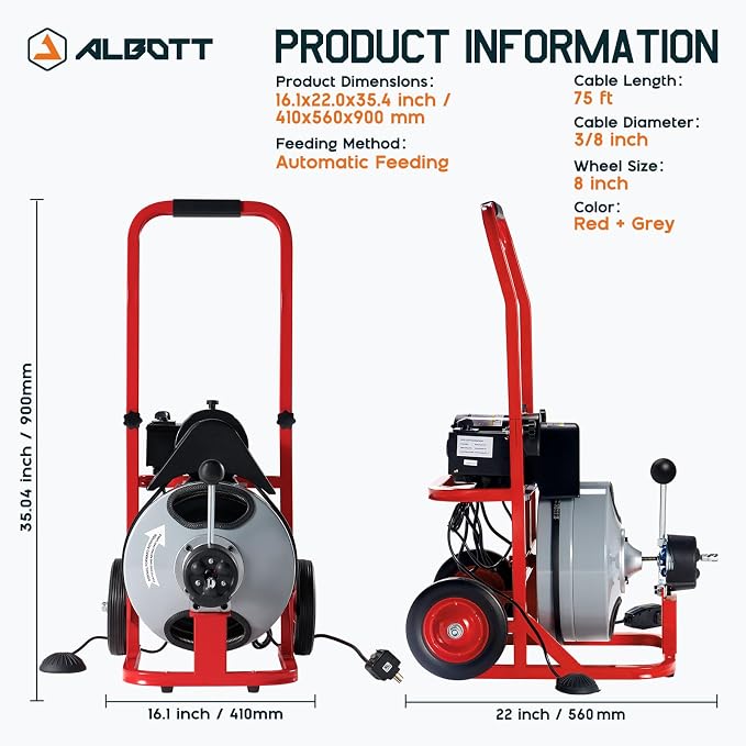 Albott 75 FT x 3/8 Inch Electric Drain Cleaner Machine | Auto-Feed Sewer Snake - Image 2