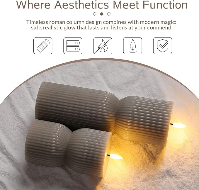 Taupe Ribbed Flameless Pillar Candles - Image 4