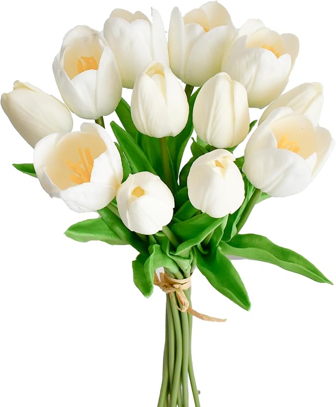 Mandy's 12pcs Artificial White Tulips | 13.5 Inch Lifelike PU Tulips Faux by Mandys