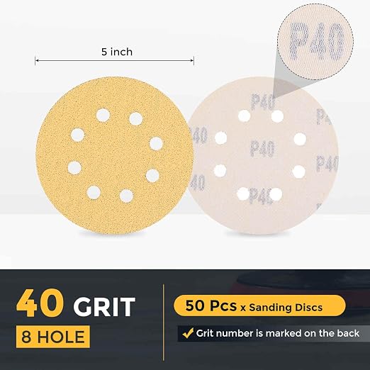 HARFINGTON 50Pcs 5Inch Sanding Discs 40Grit Yellow Aluminum Oxide 8 Hole | Hook - Image 2