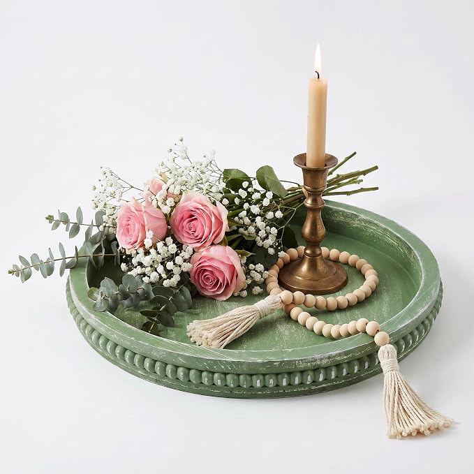 Hrastany Round Sage Green Wood Decorative Tray by Hrastany
