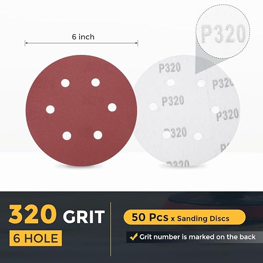 HARFINGTON 50 Pcs 6 Inch Sanding Discs 320 Grit Red Aluminum Oxide 6 Hole | - Image 2