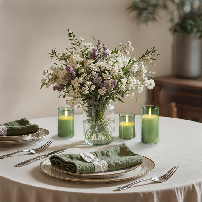 Homemory Sage Green Glass Flameless Candles, Real Wax, Remote Timer, 3 Pack | - Image 5