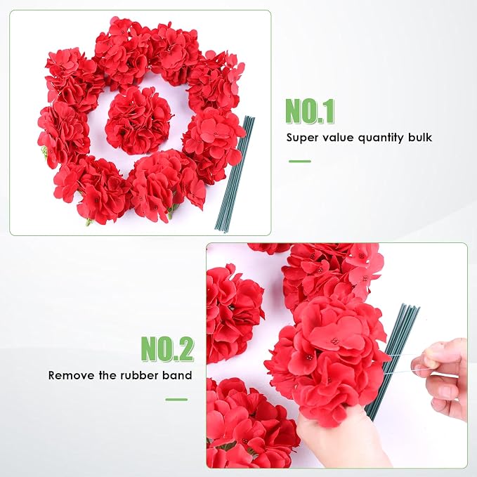 AVIVIHO Fake Flowers 65pcs Red Hydrangea Artificial Flowers Bulk Silk Flowers - Image 5