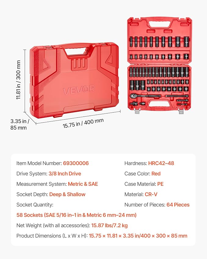 VEVOR 3/8" Drive Impact Socket Set, 64 Piece, Deep & Shallow Kit | SAE & Metric - Image 7