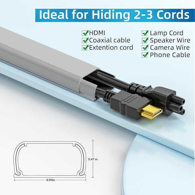 Yecaye 142in Wall Cord Hider for 2-3 Cords, W0.94in H0.47in, On-Wall Cord Cover - Image 2