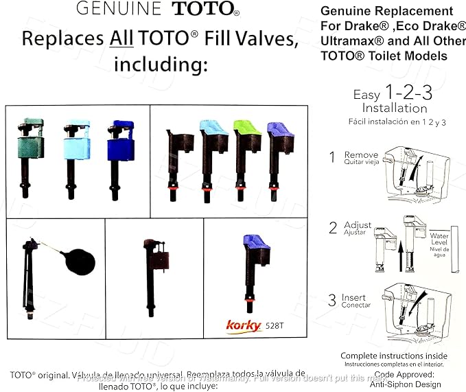 Genuine Toto USA Made 528GT Blue Universal Toilet Fill Valve Replacement - Image 2