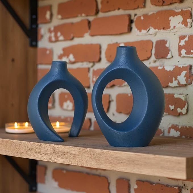 Lvases Snuggle Hollow Ceramic Flower Vaseof 2, Matte Navy Blue Home Decor | - Image 5
