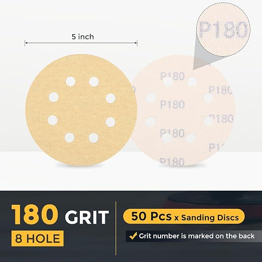 HARFINGTON 50Pcs 5Inch Sanding Discs 180Grit Yellow Aluminum Oxide 8 Hole | - Image 2