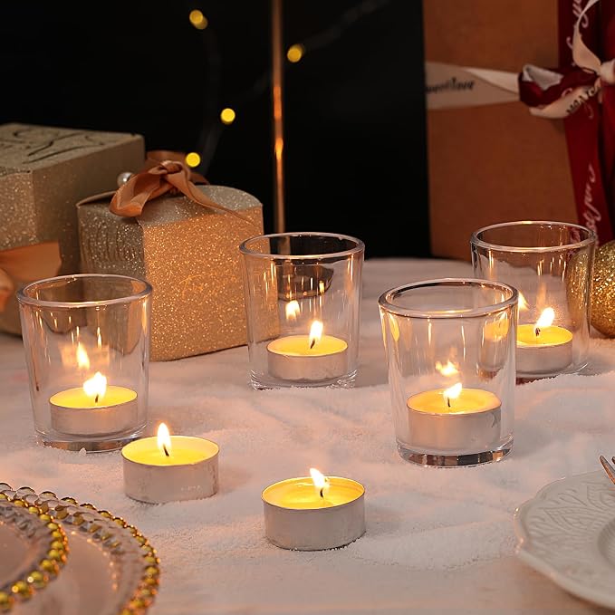 Letine 12-Pack Unscented Tea Light Candles & Glass Votive Holder, Long-Lasting - Image 9